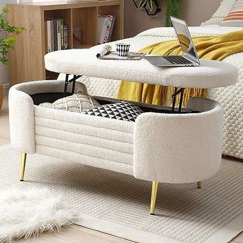 White Sherpa storage ottoman bench with lift-top lid and hidden compartment – Homes and Luxury