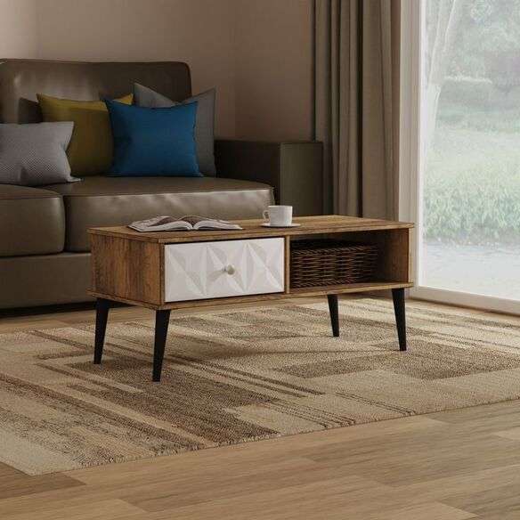 Homes & Luxury rustic wooden coffee table with drawer, wicker basket, and black tapered legs