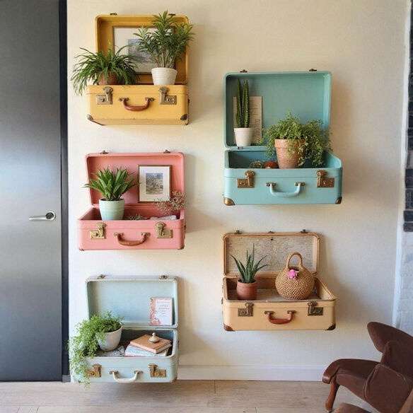 Homes & Luxury wall shelves made from vintage suitcases with plants and books