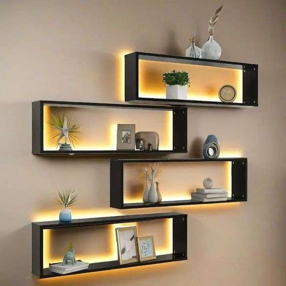 Homes & Luxury modern black wall shelves with LED backlighting and minimalist décor
