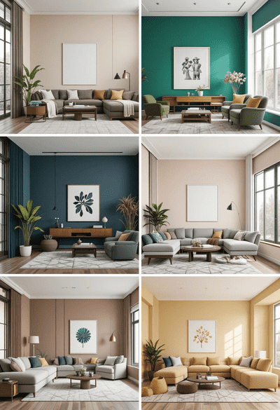 Modern living room featuring dual-tone navy and white accent walls, sleek luxury furniture, natural lighting, and minimalist decor by Homes and Luxury.