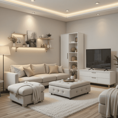 Homes & Luxury modern cozy living room with hidden storage sofa, ottoman, wall shelves, cabinet, and TV stand