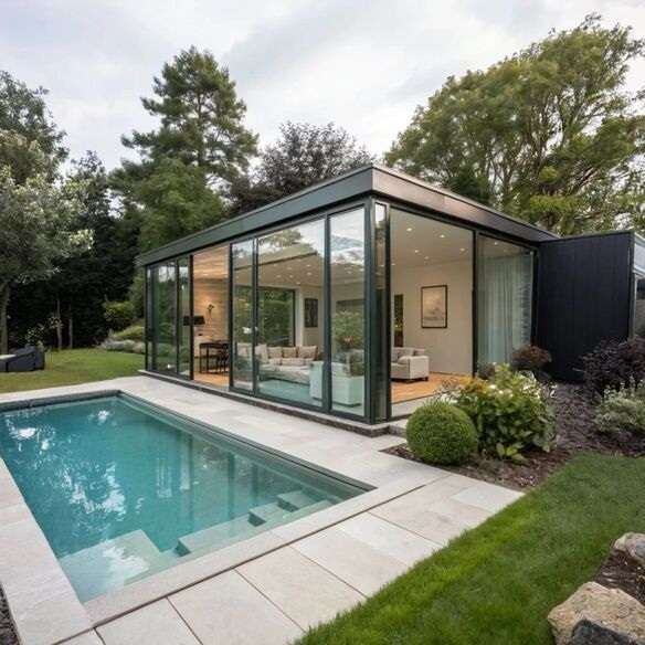 Glass-walled modern pool house with sleek open design and full sunlight view