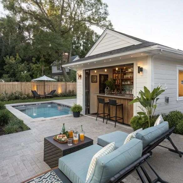 Outdoor living pool house with full kitchen, bar seating, and patio lounge
