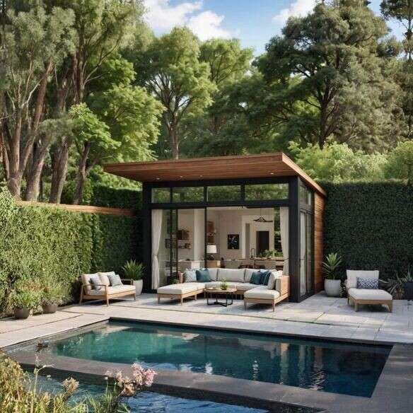 Small pool house designed for compact suburban backyard space