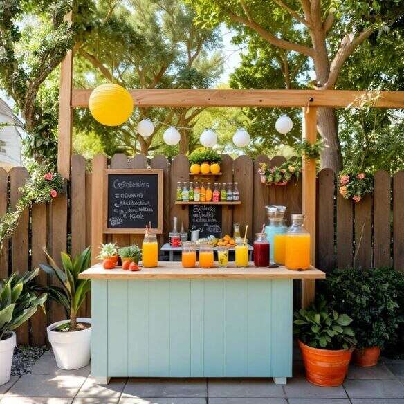 Colorful tropical drink station with citrus slices, tiki cups, and summer signage by the pool
