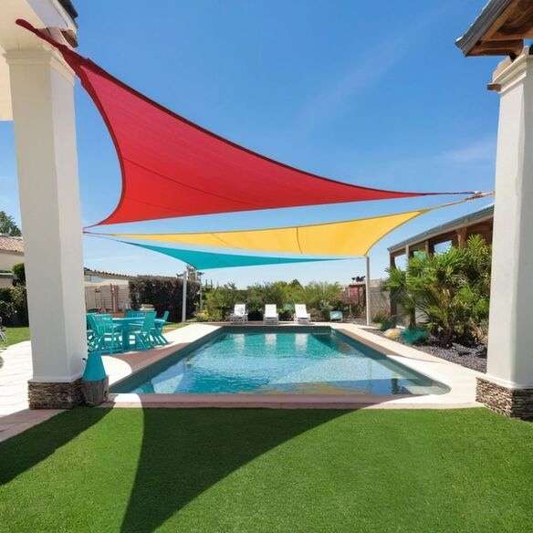 Poolside canopy with outdoor cushions and shaded seating area