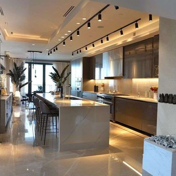 Adjustable black track lighting installed above a modern kitchen with open shelving