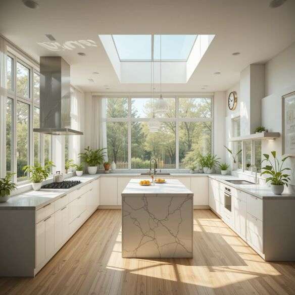 Sunlight pouring into a kitchen through large windows and a skylight