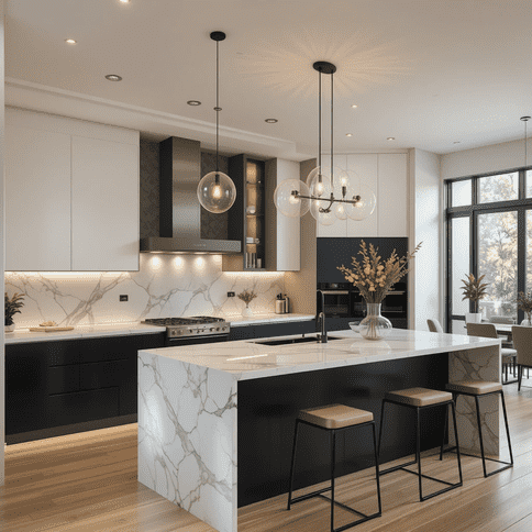 Modern luxury kitchen featuring layered lighting with pendant lights, recessed ceiling lights, LED strip lights, chandelier, and natural sunlight