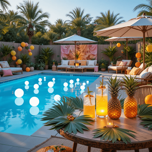 Vibrant summer 2025 pool party setup with tropical decor, floating lights, balloons, and shaded seating