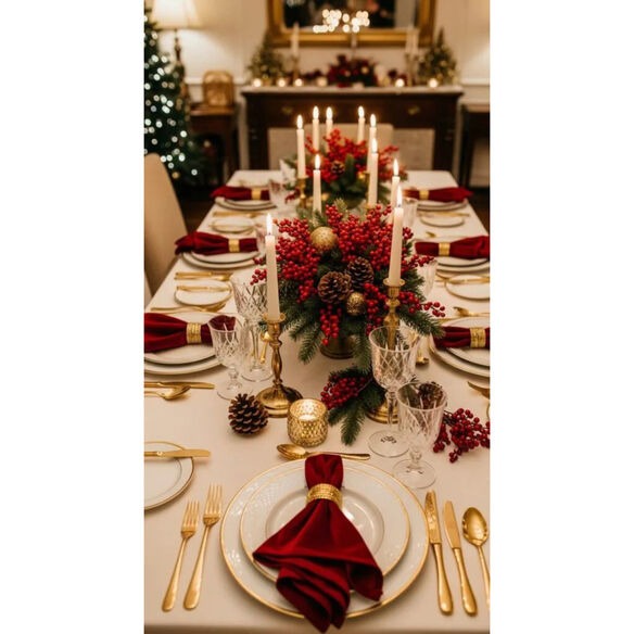 Elegant Christmas dining table decorations with formal place settings and pine garland centerpiece