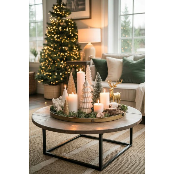Christmas coffee table decor with candles, pine sprigs, and gold pinecones in rustic tray