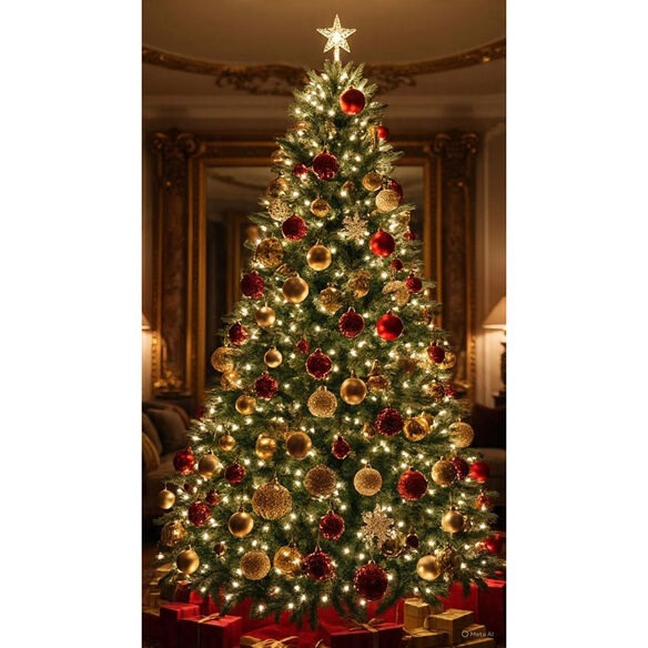 Classic red and gold Christmas tree decoration with velvet ribbons and mercury glass ornaments