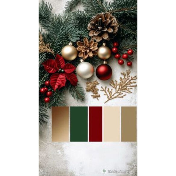 Christmas color coordination guide showing popular schemes including classic red-gold and modern white-silver
