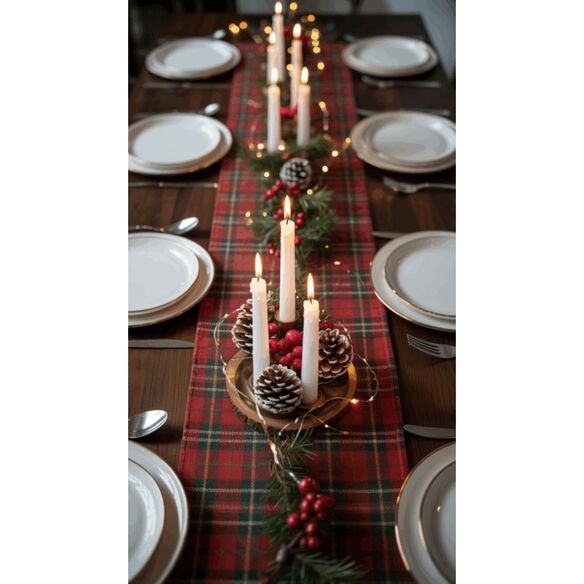 Formal Christmas dinner table decorations with fine china, crystal, candelabras, and elegant floral centerpiece