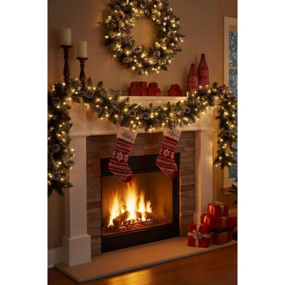 Christmas mantel decoration ideas with evergreen garland, stockings, and candlesticks on stone fireplace