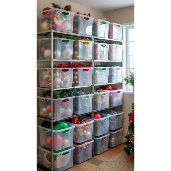 Organized Christmas decoration storage solutions with labeled bins and specialized organizers