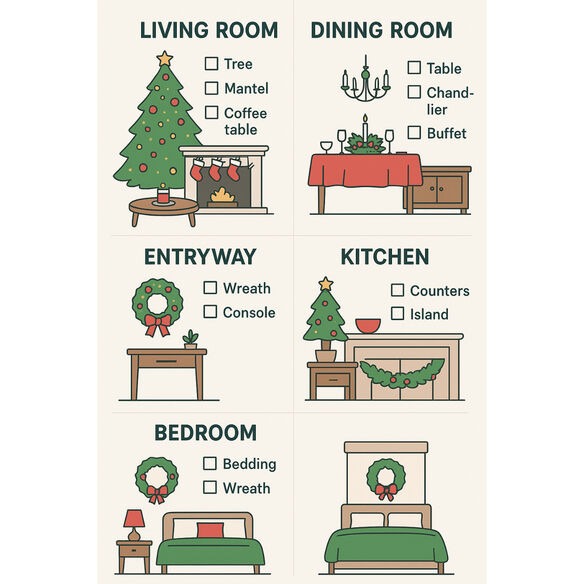 Room-by-room Christmas decoration plan showing checklist for living room, dining room, entryway, and more